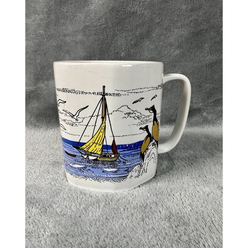 Vintage Sunny Korea Sailboat Mug Nautical Ocean Scene Seagulls 1970s